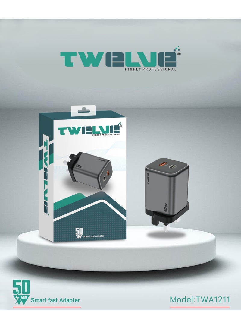 TWELVE 50W GaN Fast Charger USB-C & USB-A Dual Port Power Adapter, 45W PD Type-C Fast Charging for Smartphones and Tablets - Image 2