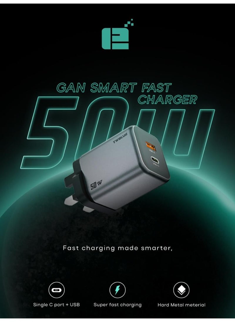 TWELVE 50W GaN Fast Charger USB-C & USB-A Dual Port Power Adapter, 45W PD Type-C Fast Charging for Smartphones and Tablets - Image 1
