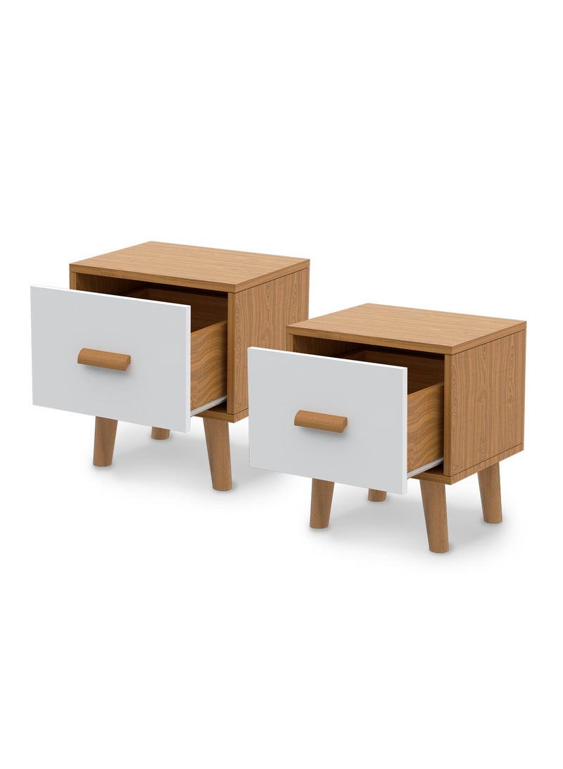 Mahmayi طاولة جانبية خشبية متعددة الوظائف من ماهمايي مع وحدة تخزين بدرج واحد مثالية لغرفة المعيشة المنزلية وأثاث غرفة النوم، عبوة من قطعتين، لون الجوز الأبيض - Image 1