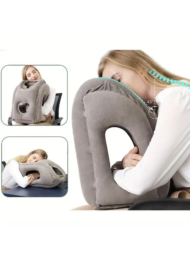 Inflatable U Shaped Travel Neck Pillow Grey Soft Support Portable Lightweight - Image 1