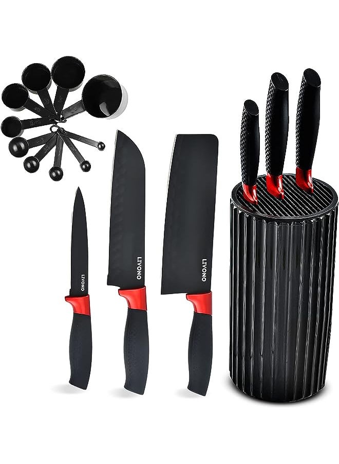 vesus Knife set With Holder and 10 Measuring Cup Set | Stainless Steel Black Blade Kitchen Knife With Ergonomic Handle | Multifunction Knives With Nonstick Coating & Ultra Sharp Edge  - Image 1