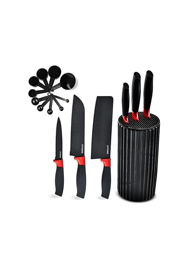 vesus Knife set With Holder and 10 Measuring Cup Set | Stainless Steel Black Blade Kitchen Knife With Ergonomic Handle | Multifunction Knives With Nonstick Coating & Ultra Sharp Edge  - Image 2