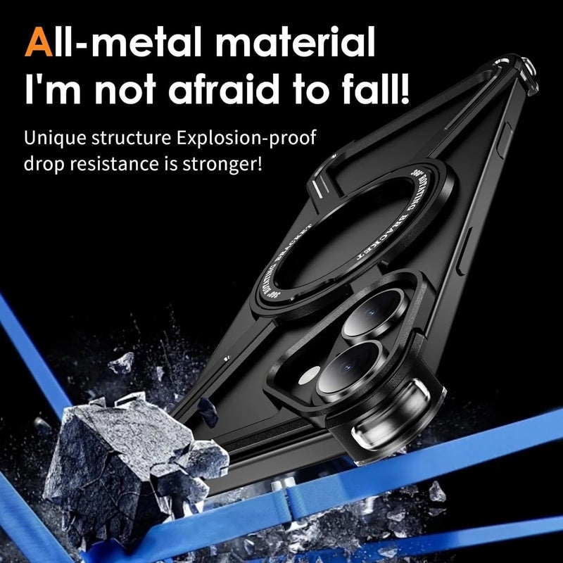 Tech Trendz Aluminium Alloy Anti Drop 360° Rotating Kickstand Bracket Case Compatible with iPhone 16 Pro, Corner Protective Magnetic Frameless Bumper Cover for iPhone 16 Pro - Grey - Image 4