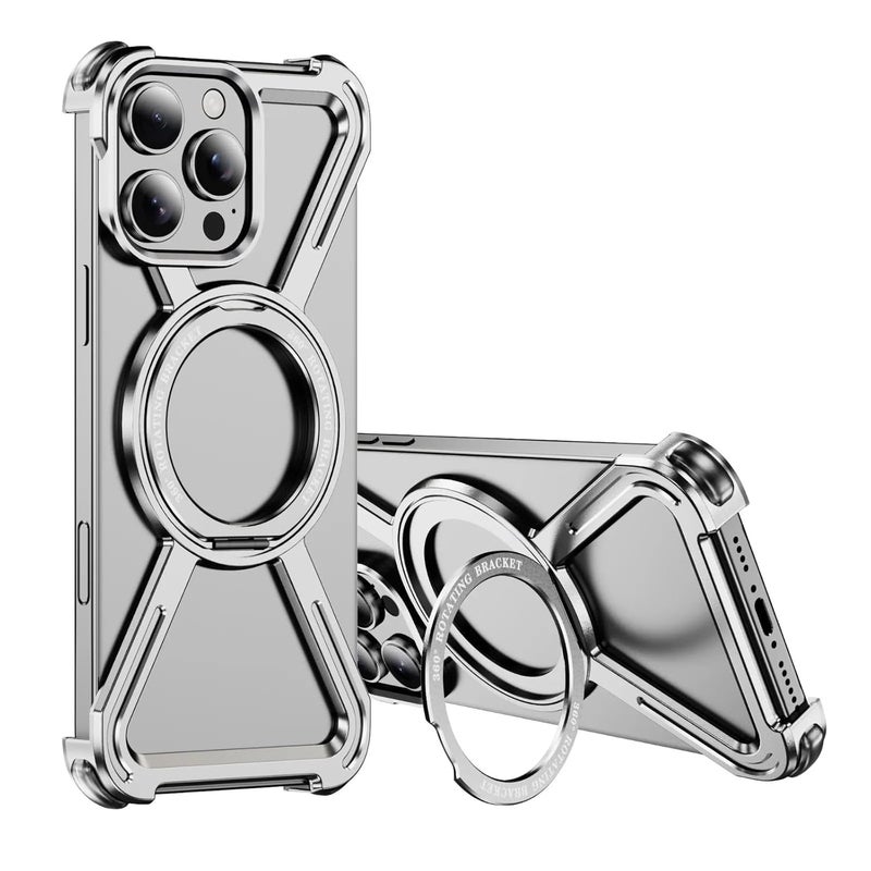 Tech Trendz Aluminium Alloy Anti Drop 360° Rotating Kickstand Bracket Case Compatible with iPhone 16 Pro, Corner Protective Magnetic Frameless Bumper Cover for iPhone 16 Pro - Grey - Image 1