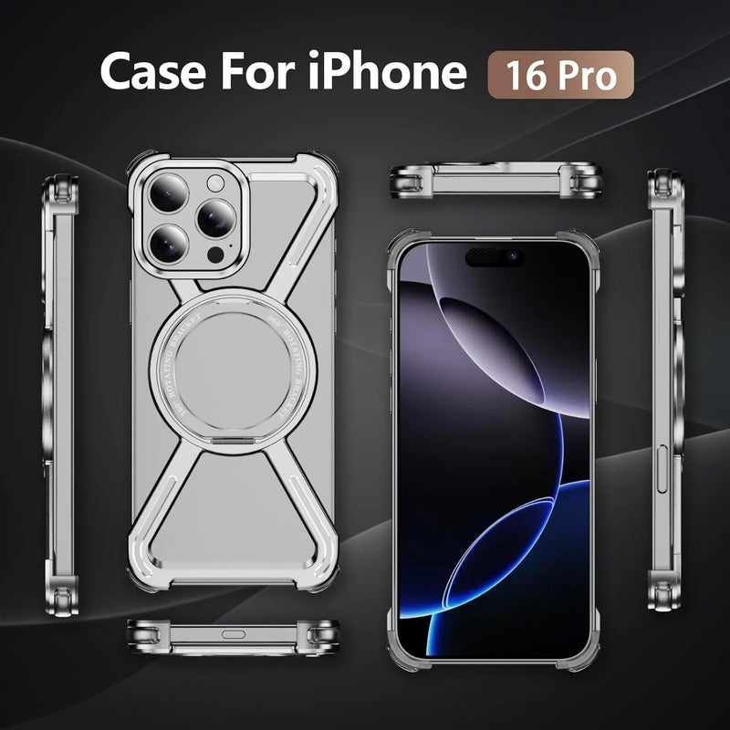 Tech Trendz Aluminium Alloy Anti Drop 360° Rotating Kickstand Bracket Case Compatible with iPhone 16 Pro, Corner Protective Magnetic Frameless Bumper Cover for iPhone 16 Pro - Grey - Image 2