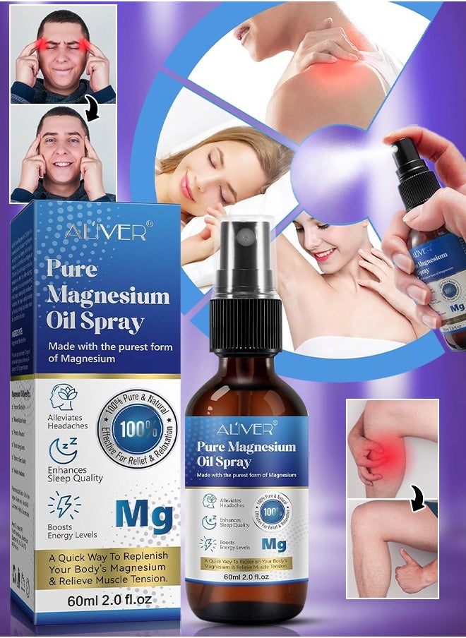 ALIVER 60ml Pure Magnesium Oil Spray,Magnesium Spray for Sleep and Anxiety,100% Pure & Natural,Gluten Free,Magical Topical Magnesium Oil Spray,Non-GMO Magnesium Spray for Feet and Body Muscle Relaxation Oil  - Image 1