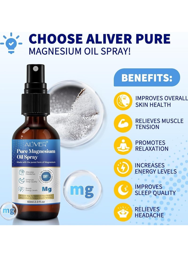 ALIVER 60ml Pure Magnesium Oil Spray,Magnesium Spray for Sleep and Anxiety,100% Pure & Natural,Gluten Free,Magical Topical Magnesium Oil Spray,Non-GMO Magnesium Spray for Feet and Body Muscle Relaxation Oil  - Image 2