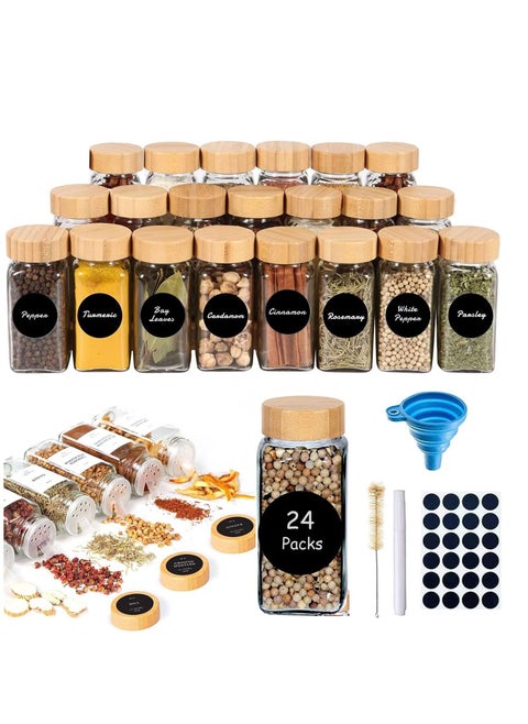 Spice Jars with Labels for Kitchen Organizing Drawers, 120 ml Glass Jars With Cleaning Brush and Collapsible Funnel,Food Storage jars,24 Pcs with Bamboo Lids.
