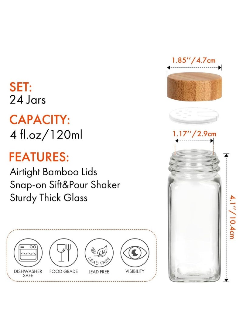 Spice Jars with Labels for Kitchen Organizing Drawers, 120 ml Glass Jars With Cleaning Brush and Collapsible Funnel,Food Storage jars,24 Pcs with Bamboo Lids.