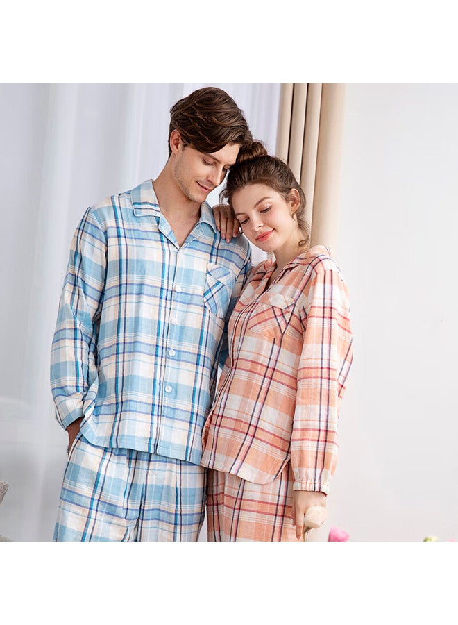 Meibiao Pure Cotton Couples Spring And Autumn Thin Woven Cotton Plaid Cardigan Long Sleeve Pajamas Orange L - Image 5