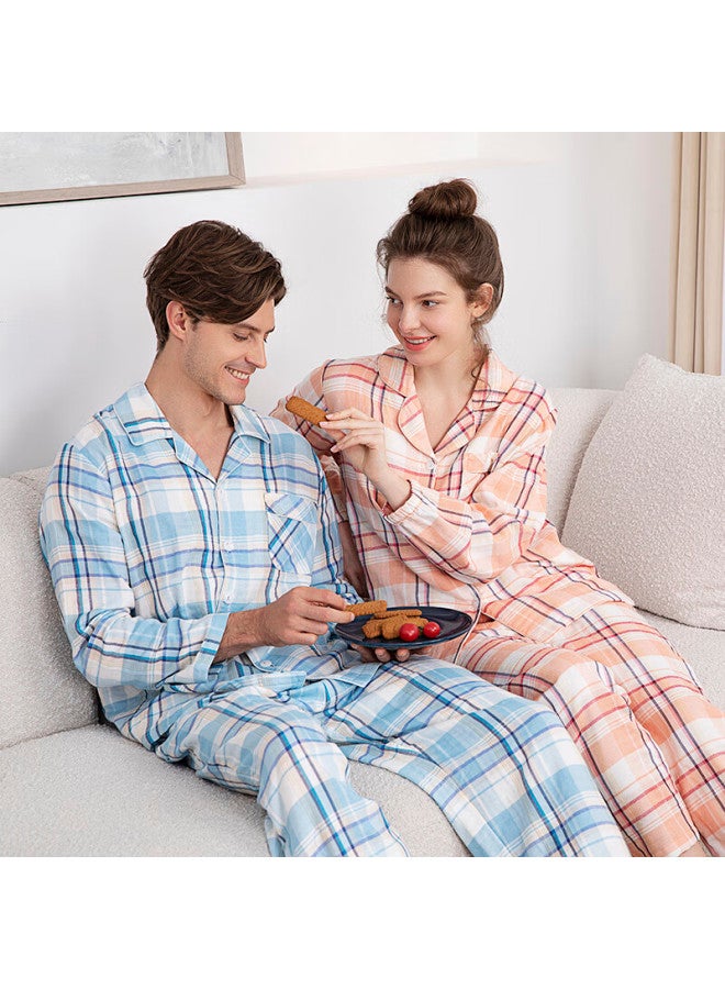 Meibiao Pure Cotton Couples Spring And Autumn Thin Woven Cotton Plaid Cardigan Long Sleeve Pajamas Orange L - Image 4