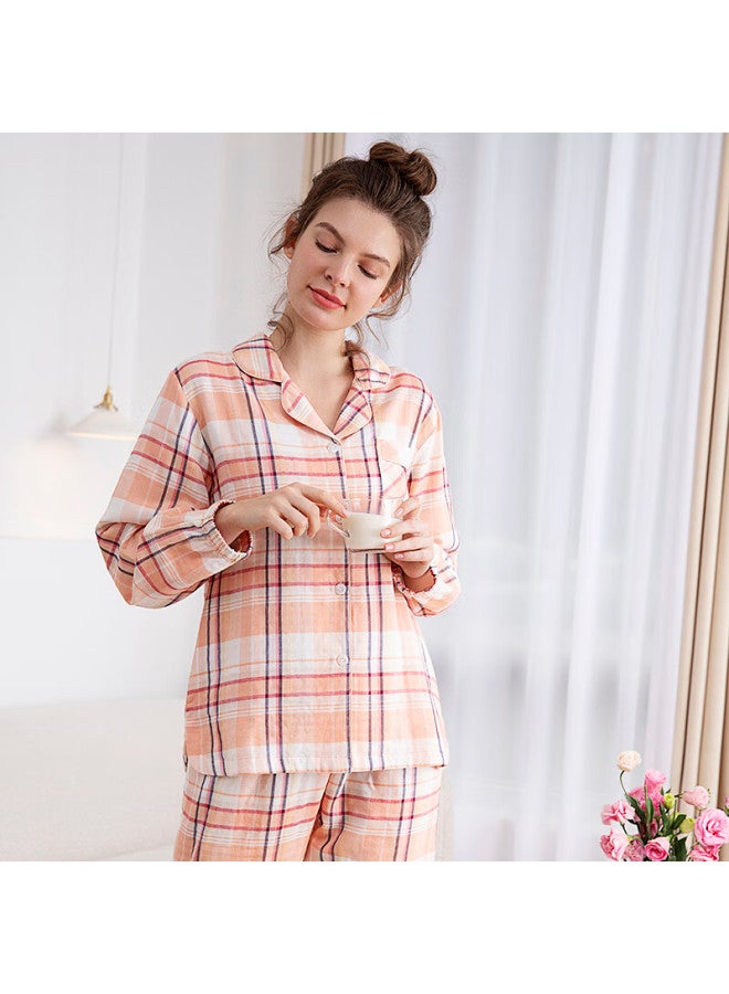 Meibiao Pure Cotton Couples Spring And Autumn Thin Woven Cotton Plaid Cardigan Long Sleeve Pajamas Orange L - Image 3