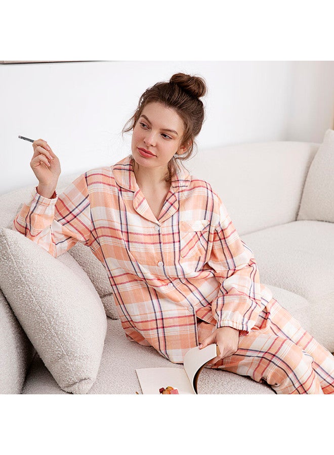 Meibiao Pure Cotton Couples Spring And Autumn Thin Woven Cotton Plaid Cardigan Long Sleeve Pajamas Orange L - Image 1