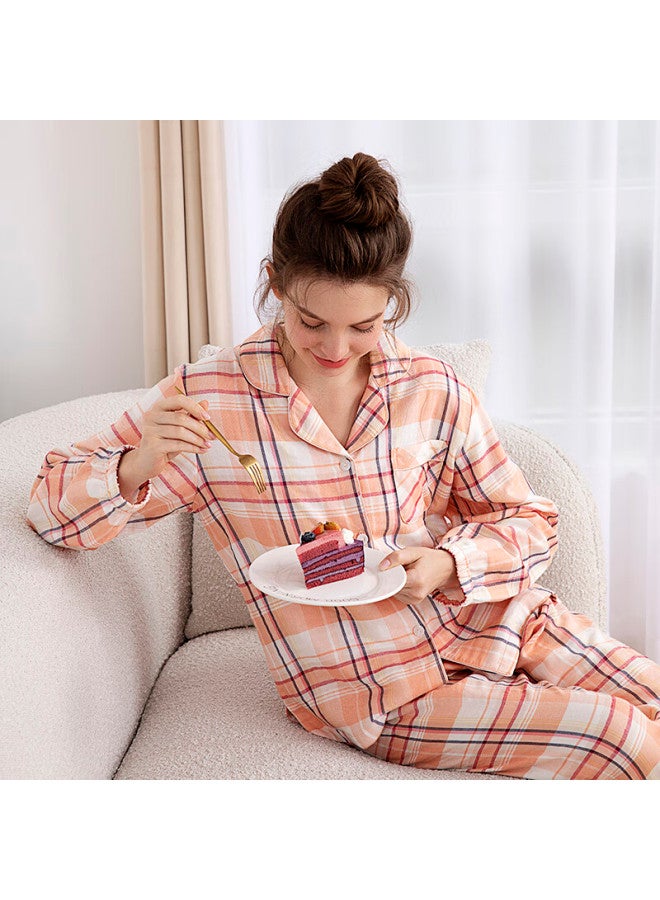 Meibiao Pure Cotton Couples Spring And Autumn Thin Woven Cotton Plaid Cardigan Long Sleeve Pajamas Orange L - Image 2
