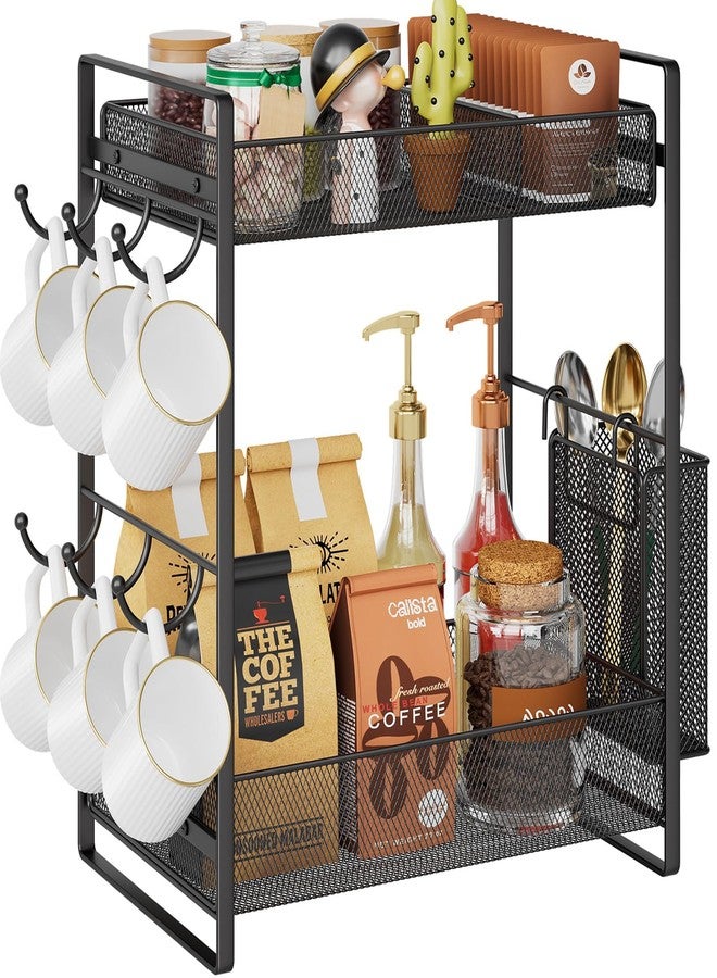 VITVITI Coffee Bar Organizer with Mug Holder, Metal Coffee Station Organizer for Countertop, 2 Tier Cup Mug Holders Rack with Basket for Kitchen Office, Black - Image 1