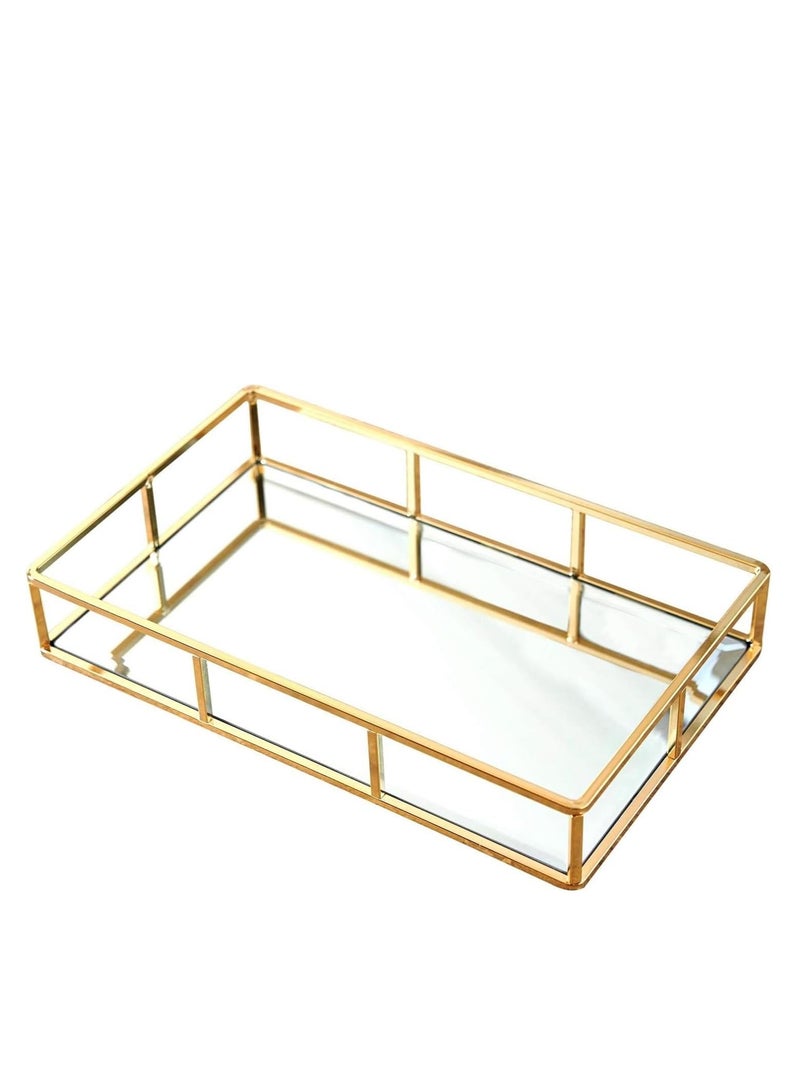 PuTwo Tray Mirror, Gold Dresser Ornate Tray Metal Decorative Tray Jewelry Perfume Organizer Makeup Tray for Vanity, Dresser, Bathroom, Bedroom - Image 1