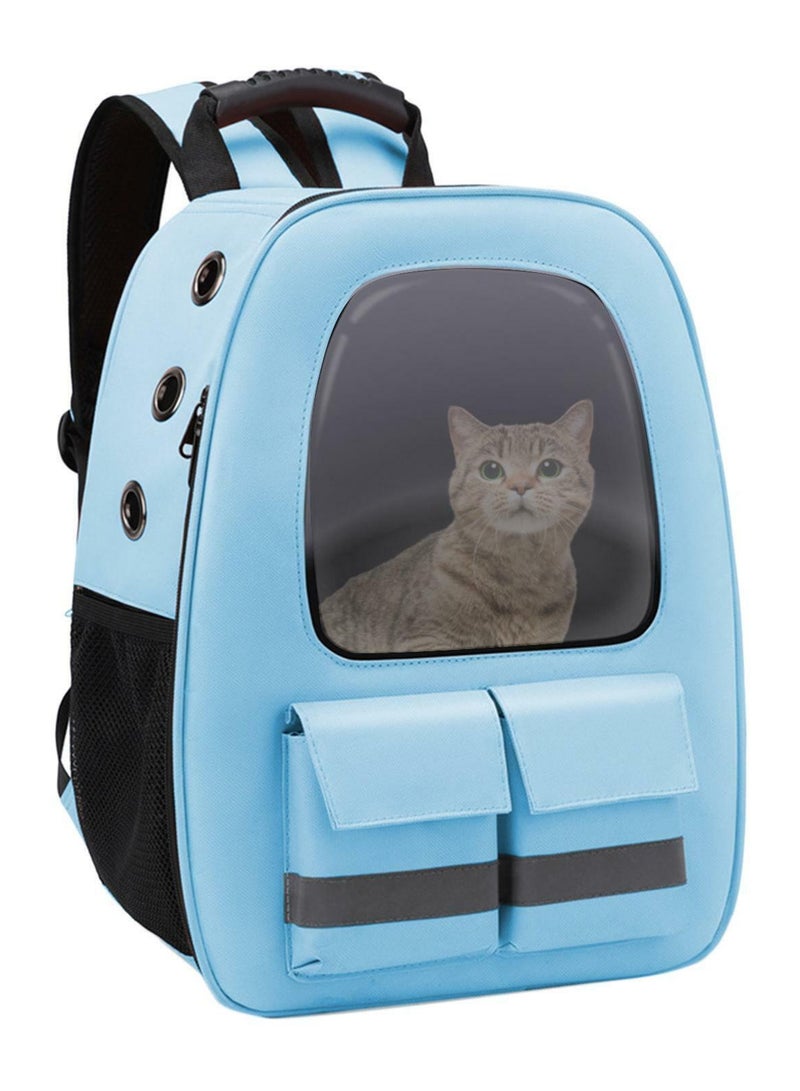 HAPPY PUSS Pet carrier backpack- breathable travel bag with adjustable shoulder straps, sturdy handles, side storage pockets and a padded back panel for small pets, cat and dog carrier. Blue color - Image 1