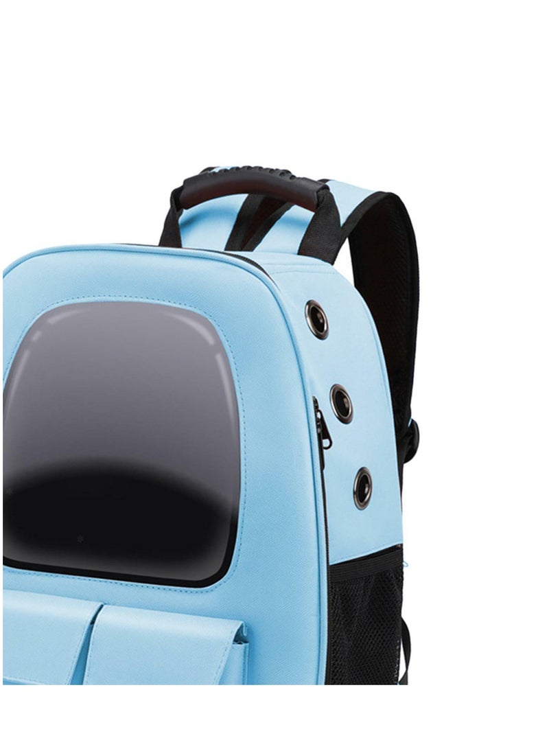 HAPPY PUSS Pet carrier backpack- breathable travel bag with adjustable shoulder straps, sturdy handles, side storage pockets and a padded back panel for small pets, cat and dog carrier. Blue color - Image 2