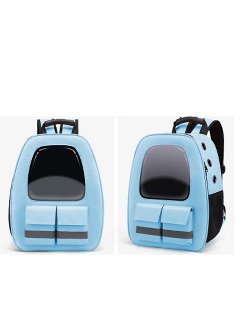 HAPPY PUSS Pet carrier backpack- breathable travel bag with adjustable shoulder straps, sturdy handles, side storage pockets and a padded back panel for small pets, cat and dog carrier. Blue color - Image 4