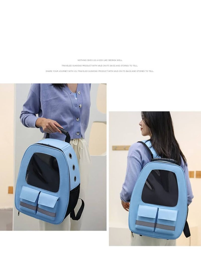 HAPPY PUSS Pet carrier backpack- breathable travel bag with adjustable shoulder straps, sturdy handles, side storage pockets and a padded back panel for small pets, cat and dog carrier. Blue color - Image 3