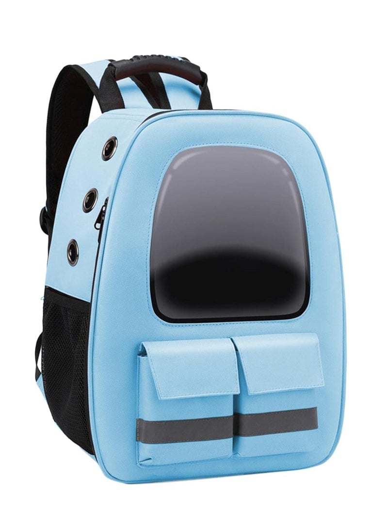 HAPPY PUSS Pet carrier backpack- breathable travel bag with adjustable shoulder straps, sturdy handles, side storage pockets and a padded back panel for small pets, cat and dog carrier. Blue color - Image 5
