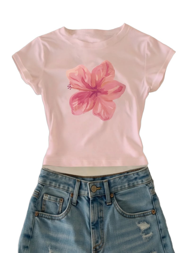 00008 - Women's Casual Top with Large Petal Print, Girly Heart, Ins - Style American Fashion, Versatile T - Shirt, New Summer Trendy Short Sleeve - CC73 - Pink / XS - Image 1