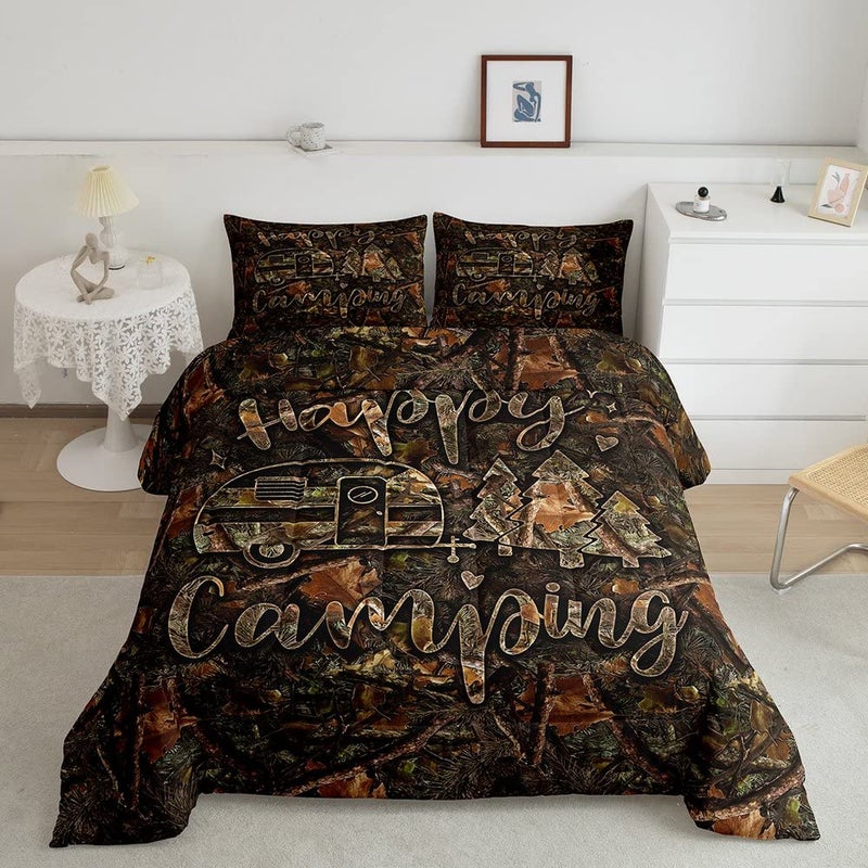 Man Fei Manfei Camo Camping Kids Comforter Set Twin Size Camper Travel Bedding Set Rustic Dead Branch Down Comforter Brown Farmhouse Duvet Insert 2pcs 1 Pillowcase Adults Home Bedroom/RV Trailer Decor  - Image 2