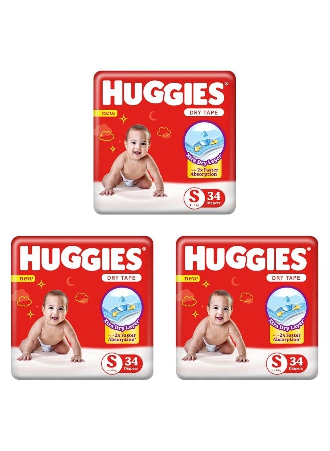 Huggies Dry Tape | Adjustable Tape Style Diapers, Small (S) Size (4-8 Kgs), Pack of 34*3 | Up To 2X Faster Absorption, Up To 12 Hours Overnight Absorption unisex