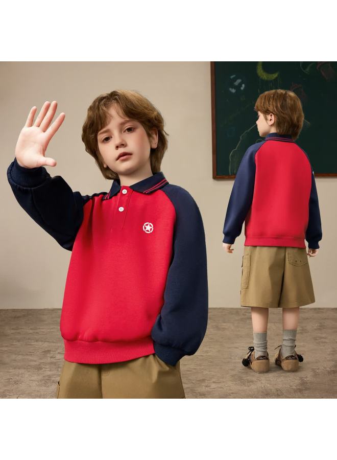 Ask Junior Kids Sweatshirt Boys Spring Polo Collar Colorblock Base Shirt School Style Top 160 - Image 1