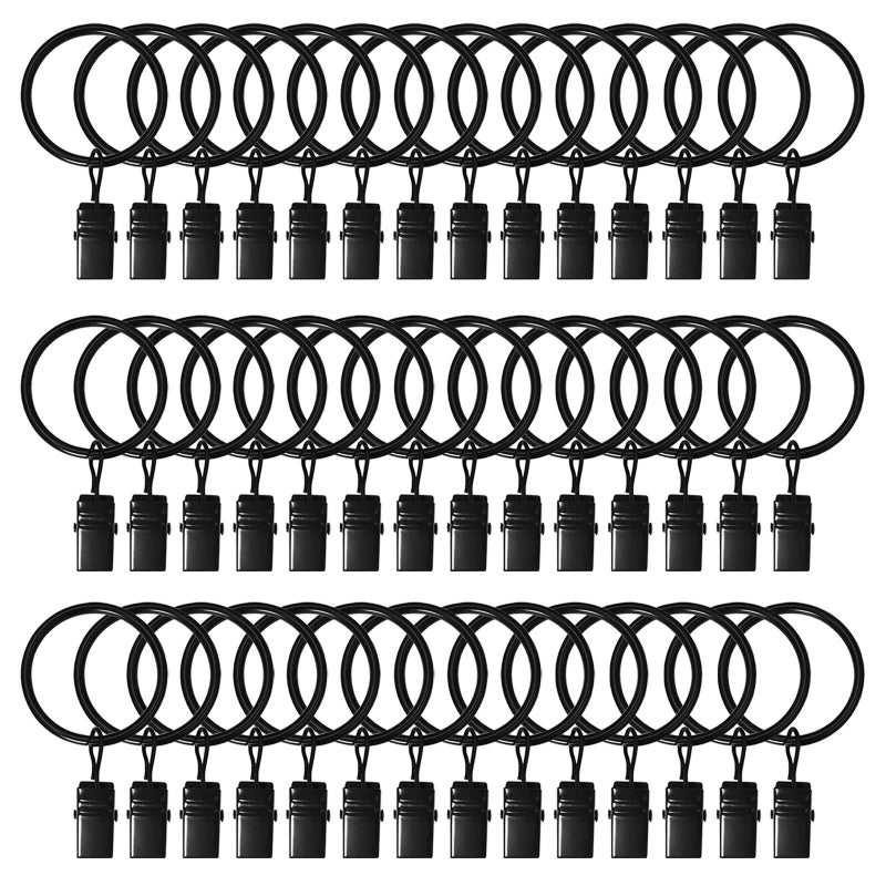 LULARINE 42 Pack Curtain Rings with Clips 1.26" Interior Diameter,Metal Drapery Ring with Clips Compatible with up to 1 inch Drapery Rod,Strong Vintage Decorative Rustproof Drapery Ring with Hooks(Black) - Image 1
