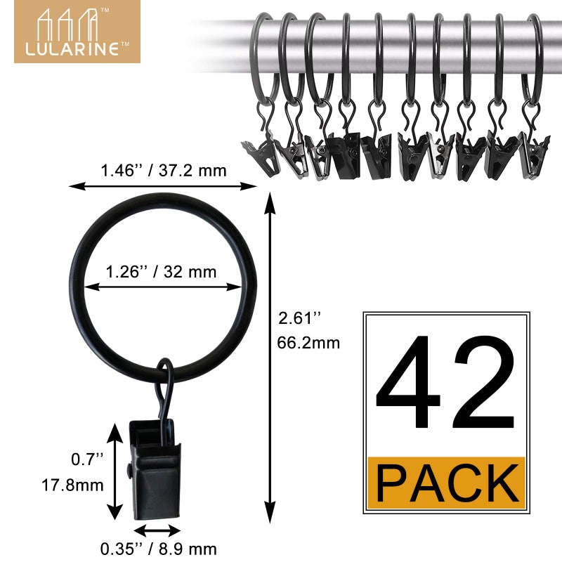 LULARINE 42 Pack Curtain Rings with Clips 1.26" Interior Diameter,Metal Drapery Ring with Clips Compatible with up to 1 inch Drapery Rod,Strong Vintage Decorative Rustproof Drapery Ring with Hooks(Black) - Image 2