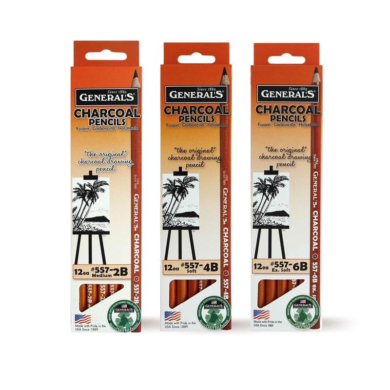 General's Charcoal Pencil Bundle: 2B Medium, 4B Soft, 6B Extra Soft - 557 Series, 12 Pencils Each Box, Total of 36 Pencils for Drawing Class, Painting, Sketching, Portraits - Image 1