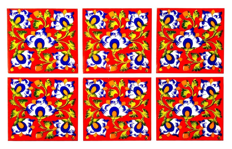 Shiv Kripa Blue Pottery Home Decor Wall Mural Mosaic Tiles Ceramic Handmade Wall Tiles 6 x 6 Inch Set of 6 Tiles Red Multi Color