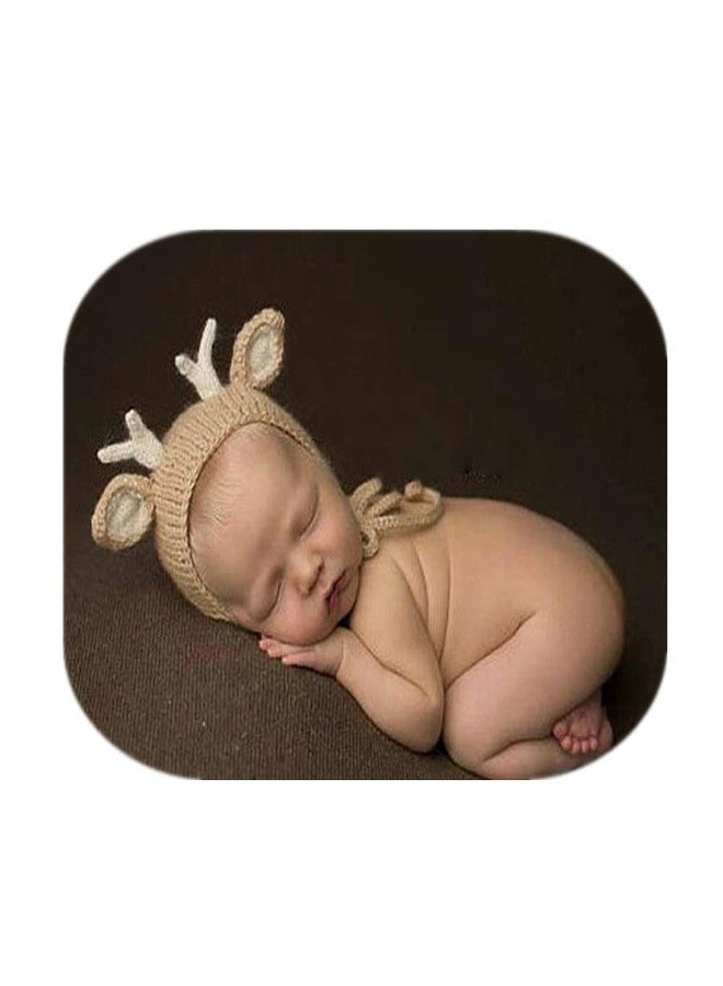 Vemonllas Newborn Photography Props Christmas Deer Sleepy Hat Bonnets Crochet Knitted Boys Girls Baby Photo Props Cap Beige - Image 1