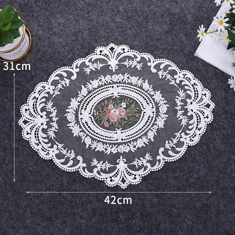Y&D Handmade Oval Embroidered Lace Table Runner – Transparent Placemat Coaster Set for Coffee Table, Kitchen Cover Cloth Decor - Image 3