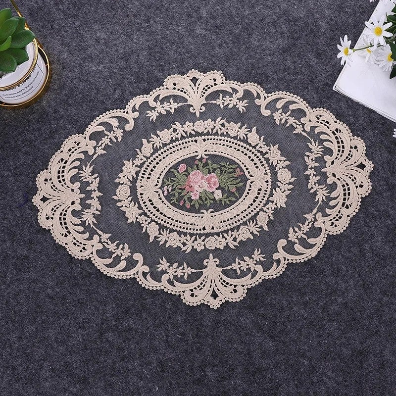 Y&D Handmade Oval Embroidered Lace Table Runner – Transparent Placemat Coaster Set for Coffee Table, Kitchen Cover Cloth Decor - Image 2