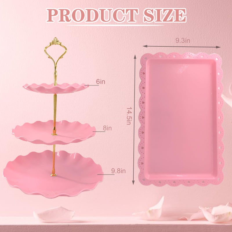 NAXIHOPT 5 Pcs Dessert Table Display Set, Pink Plastic 2 Pcs Round 3 Tier Cupcake Stand Cup Cake Tower Stand with Metal Rod & 3 Pcs Serving Tray for Baby Shower, Tea Party, Wedding, Birthday Party - Image 2