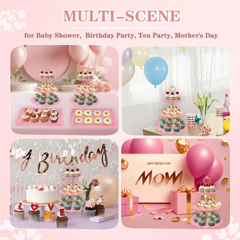 NAXIHOPT 5 Pcs Dessert Table Display Set, Pink Plastic 2 Pcs Round 3 Tier Cupcake Stand Cup Cake Tower Stand with Metal Rod & 3 Pcs Serving Tray for Baby Shower, Tea Party, Wedding, Birthday Party - Image 5