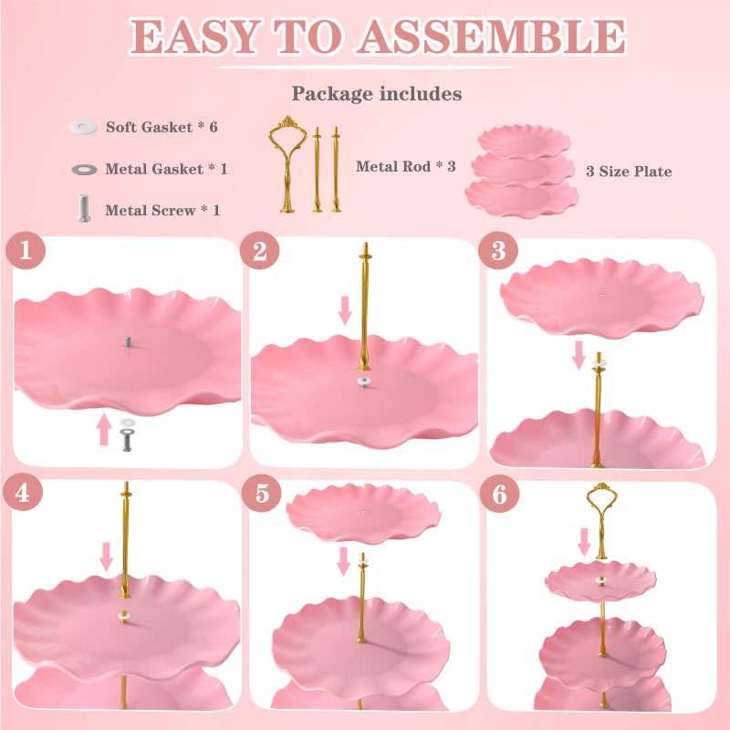 NAXIHOPT 5 Pcs Dessert Table Display Set, Pink Plastic 2 Pcs Round 3 Tier Cupcake Stand Cup Cake Tower Stand with Metal Rod & 3 Pcs Serving Tray for Baby Shower, Tea Party, Wedding, Birthday Party - Image 4