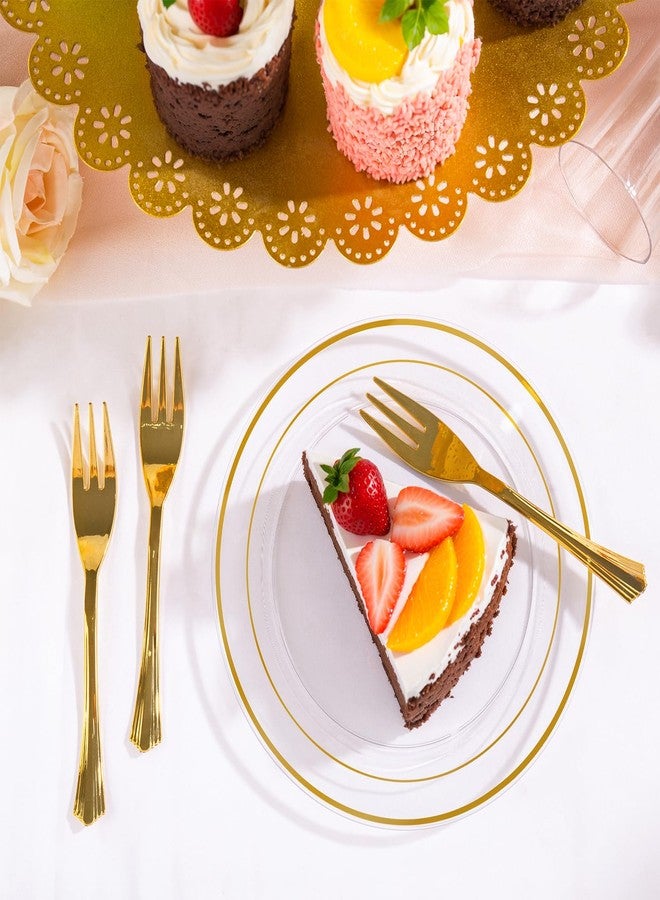 DaYammi 240Pcs Appetizer Plates Include 120Pcs Gold Dessert Plates 6.3inch with 120Pcs Gold Plastic Forks 5.7inch,Clear gold plates Disposable Salad Plate for Party Cake Plate for Wedding - Image 3