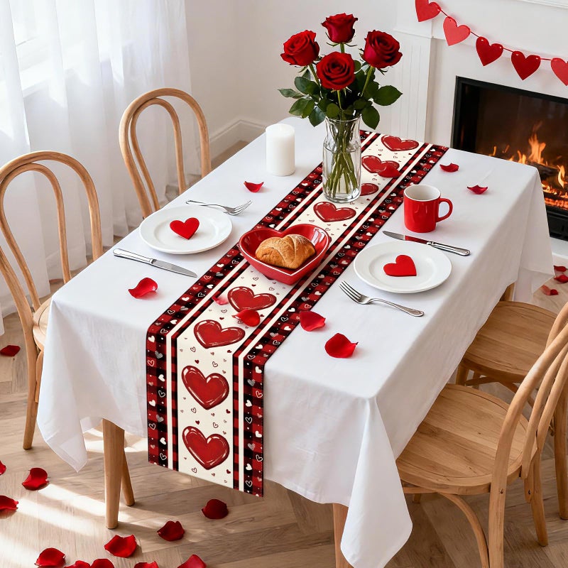 Artscope Buffalo Plaid Love Hearts Valentine's Day Table Runner, Anniversary Wedding Holiday Kitchen Dining Table Decoration for Valentine Home Decor 13x72 Inch - Image 4