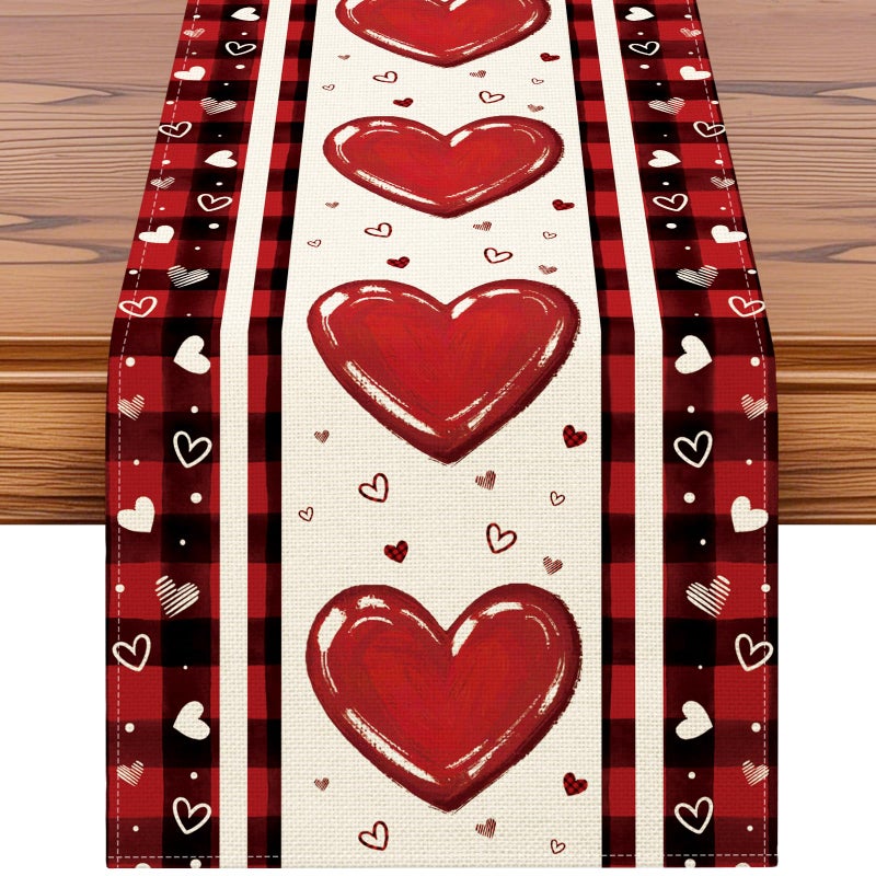 Artscope Buffalo Plaid Love Hearts Valentine's Day Table Runner, Anniversary Wedding Holiday Kitchen Dining Table Decoration for Valentine Home Decor 13x72 Inch - Image 1