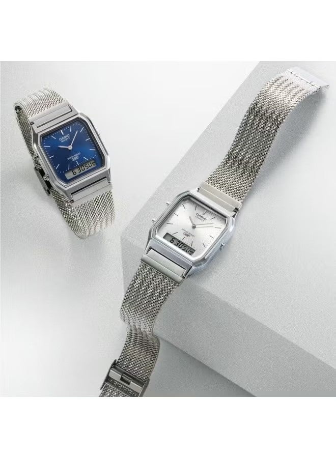 CASIO ساعة أنالوج-رقمية عتيقة للرجال والنساء AQ-230EM-7ADF، 38.8 مم قرص فضي، علبة من الراتنج المطلي بالكروم وسوار من الفولاذ المقاوم للصدأ، مقاومة للماء - Image 3