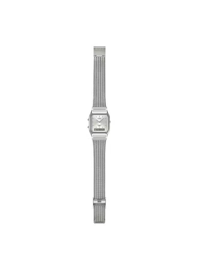 CASIO ساعة أنالوج-رقمية عتيقة للرجال والنساء AQ-230EM-7ADF، 38.8 مم قرص فضي، علبة من الراتنج المطلي بالكروم وسوار من الفولاذ المقاوم للصدأ، مقاومة للماء - Image 2