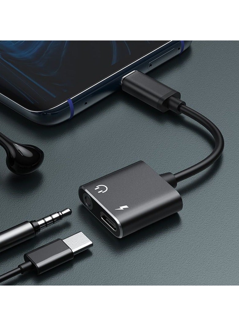 Type-C to 3.5mm 2 in 1 USB Type C Cable Stereo Headphone Converter Listening to Music Charging Call Recording Audio Converter Adapter Black