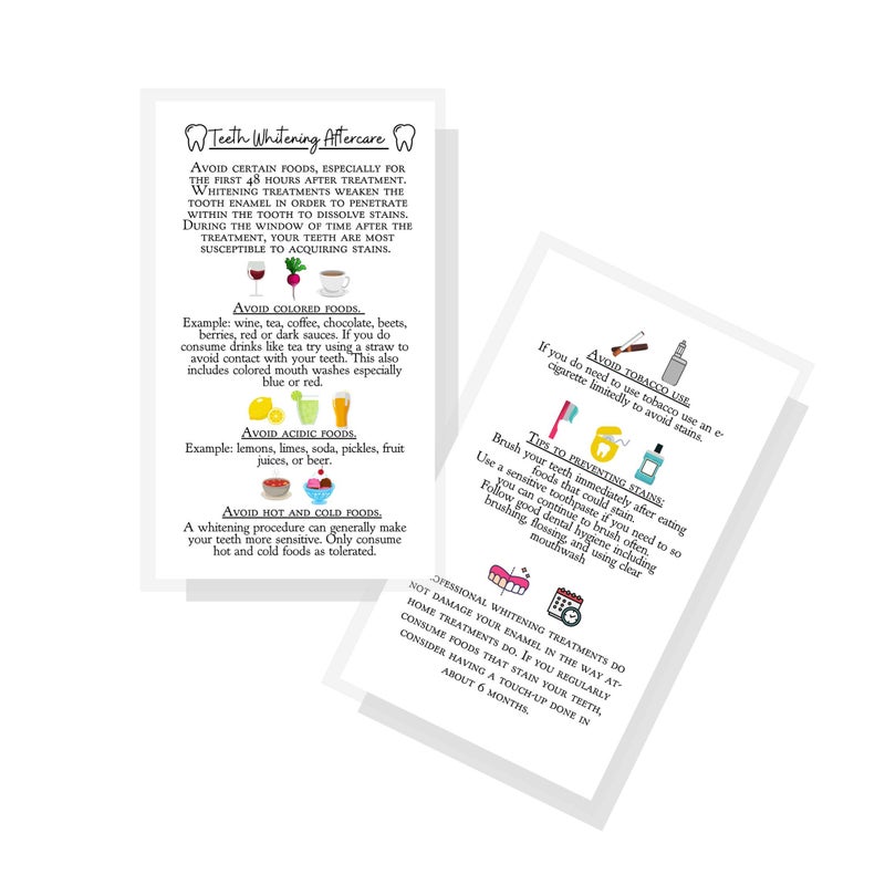 Boutique Marketing LLC Professional Teeth Whitening Aftercare Instructions Cards Package of 50 Double Sided Size 2x35 inch Business Card Wallet Sized White with Color Icon Design 