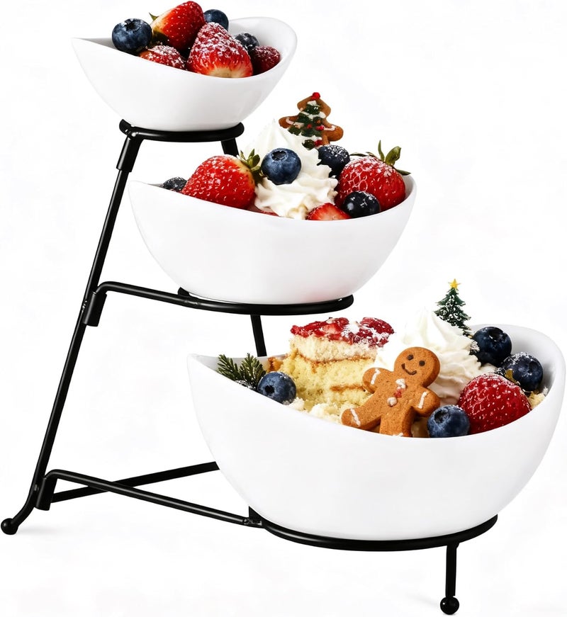 Gomakren 3 Tiered Oval Serving Bowl With Collapsible Metal Rack, Chip and Dip Serving Set, Dessert Appetizer, Candy, Fruit, Vegetable Bowl Set, Christmas Serving Bowls For Entertaining (Black Stand) - Image 1