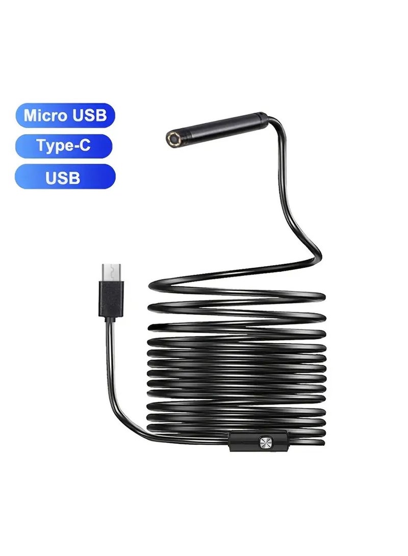2m/0.2 inch hard wire sliding endoscope camera for pipe inspection 3 power sources either USB - Type C - Micro USB Note: This camera does not work on iOS iPhone devices only Android devices or laptops It is an industrial camera used in car or equipment maintenance workshops also to detect air conditioning leaks The advantage of the hard wire camera is that you can control the camera movement and deal flexibly with bends and change direction and ease of movement It is built-in with 6 LED lights and you can control the brightness of the light according to your need to take pictures or record videos clearly The endoscope camera is attached to a side mirror, a hook, a magnet and a holder - Image 1