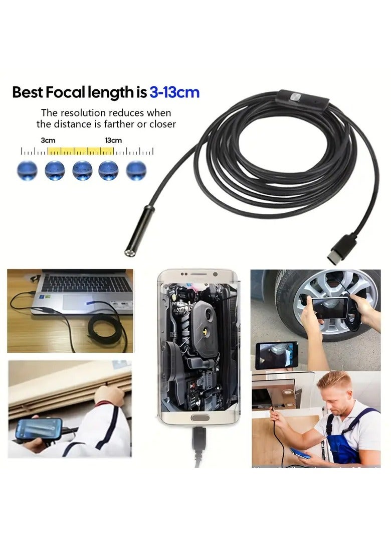 2m/0.2 inch hard wire sliding endoscope camera for pipe inspection 3 power sources either USB - Type C - Micro USB Note: This camera does not work on iOS iPhone devices only Android devices or laptops It is an industrial camera used in car or equipment maintenance workshops also to detect air conditioning leaks The advantage of the hard wire camera is that you can control the camera movement and deal flexibly with bends and change direction and ease of movement It is built-in with 6 LED lights and you can control the brightness of the light according to your need to take pictures or record videos clearly The endoscope camera is attached to a side mirror, a hook, a magnet and a holder - Image 3