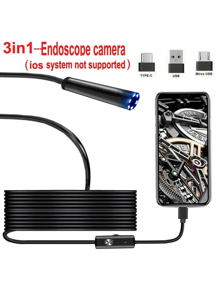2m/0.2 inch hard wire sliding endoscope camera for pipe inspection 3 power sources either USB - Type C - Micro USB Note: This camera does not work on iOS iPhone devices only Android devices or laptops It is an industrial camera used in car or equipment maintenance workshops also to detect air conditioning leaks The advantage of the hard wire camera is that you can control the camera movement and deal flexibly with bends and change direction and ease of movement It is built-in with 6 LED lights and you can control the brightness of the light according to your need to take pictures or record videos clearly The endoscope camera is attached to a side mirror, a hook, a magnet and a holder - Image 4
